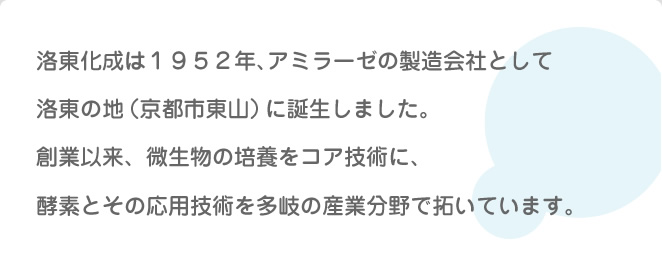洛東化成は１９５２年、アミラーゼの製造会社として洛東の地（京都市東山）に誕生しました。創業以来、微生物の培養をコア技術に、
酵素とその応用技術を多岐の産業分野で拓いています。